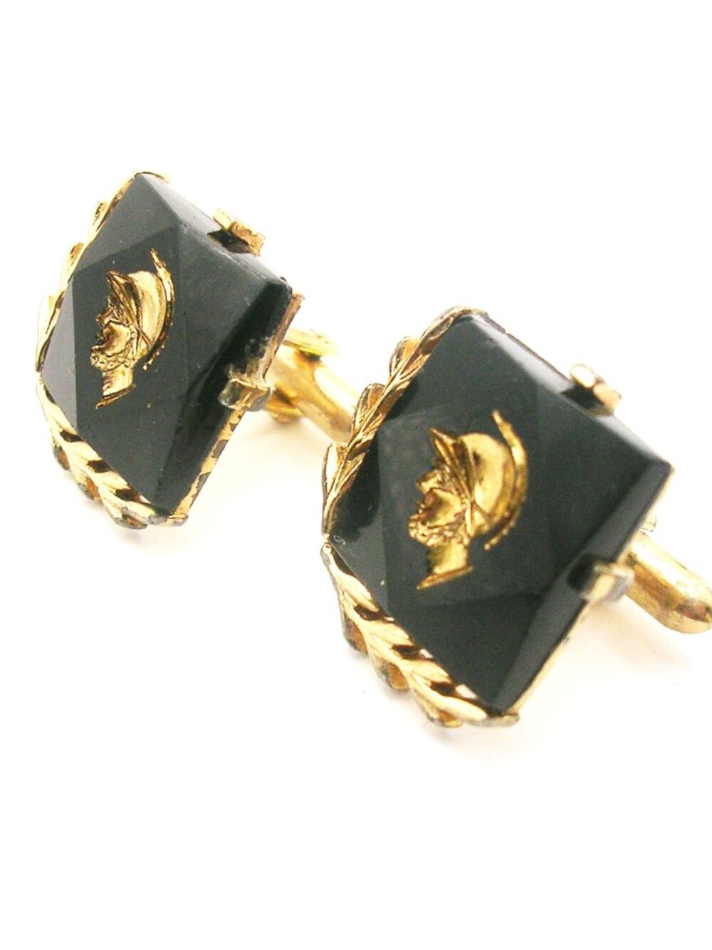 Vintage Cuff Links Black Onyx Gemstone Intaglio Etruscan Knight Formal Wear
